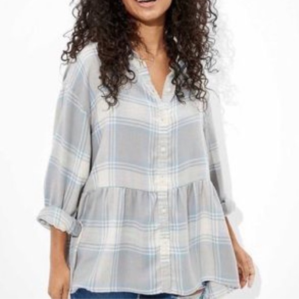 American Eagle Plaid Babydoll Oversized Peplum Flannel Size L Nwot